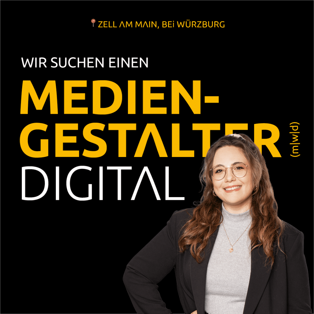 Social-Recruiting-Anzeige: Frau lächelt. Mediengestalter Digital bei Brandort gesucht.